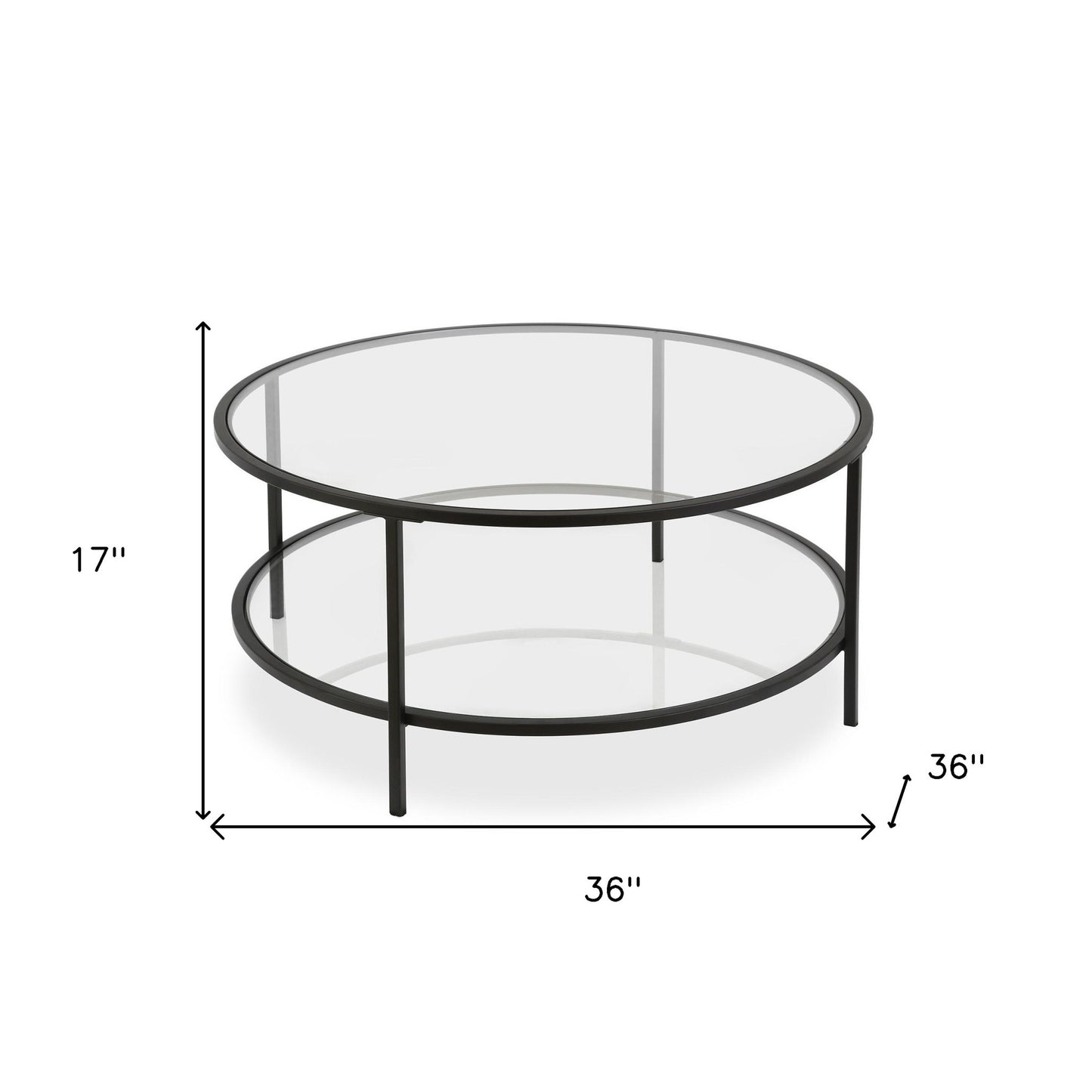 36" Black Glass And Steel Round Coffee Table With Shelf