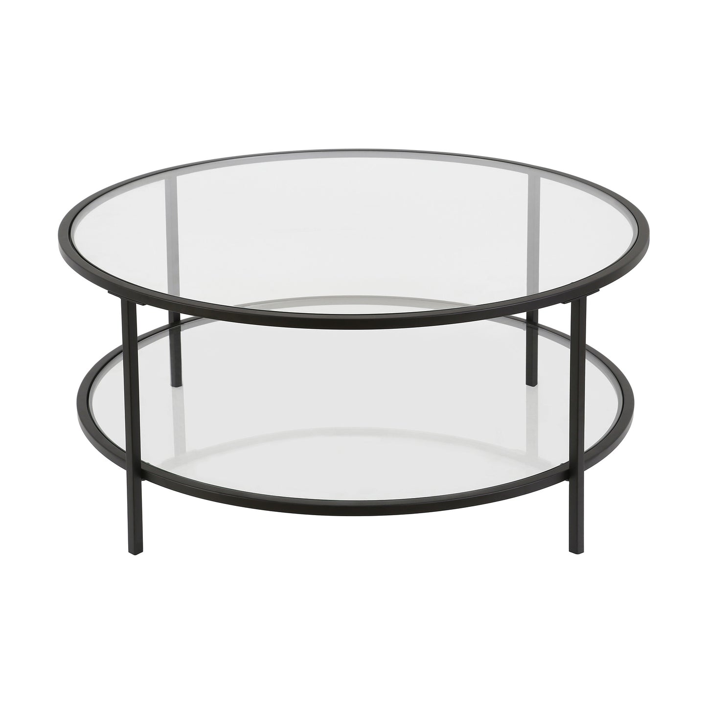 36" Black Glass And Steel Round Coffee Table With Shelf