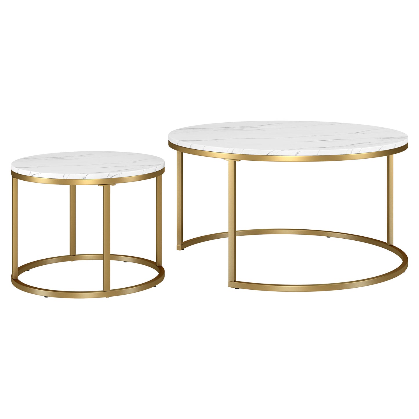 Set of Two 35" White And Gold Faux Marble And Steel Round Nested Coffee Tables