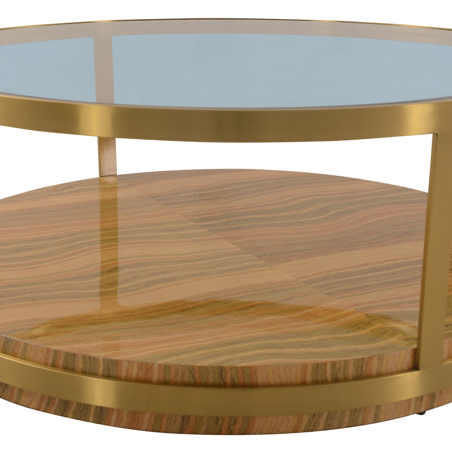 43" Clear And Natural Glass And Metal Round Coffee Table With Shelf