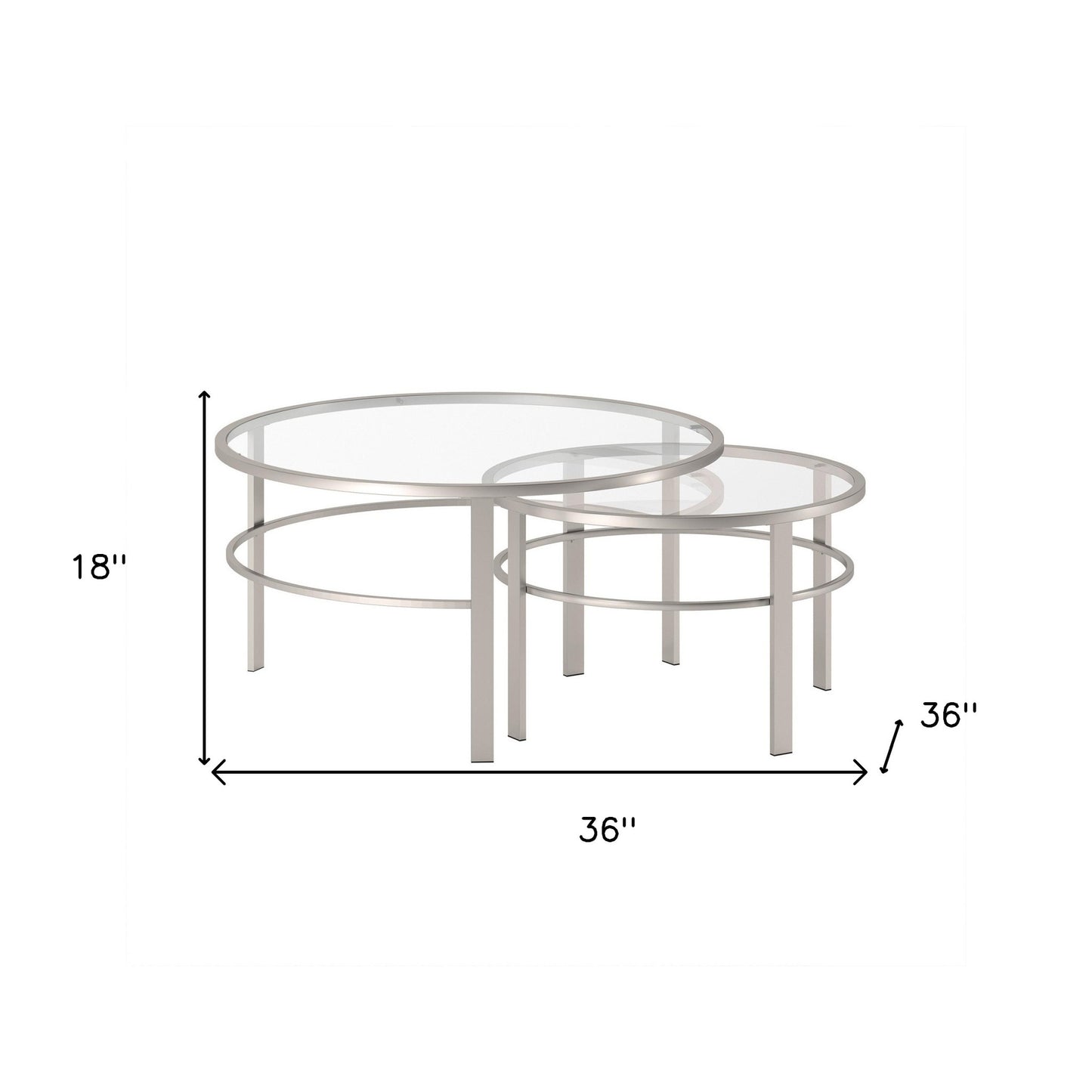 Set of Two 36" Silver Glass And Steel Round Nested Coffee Tables