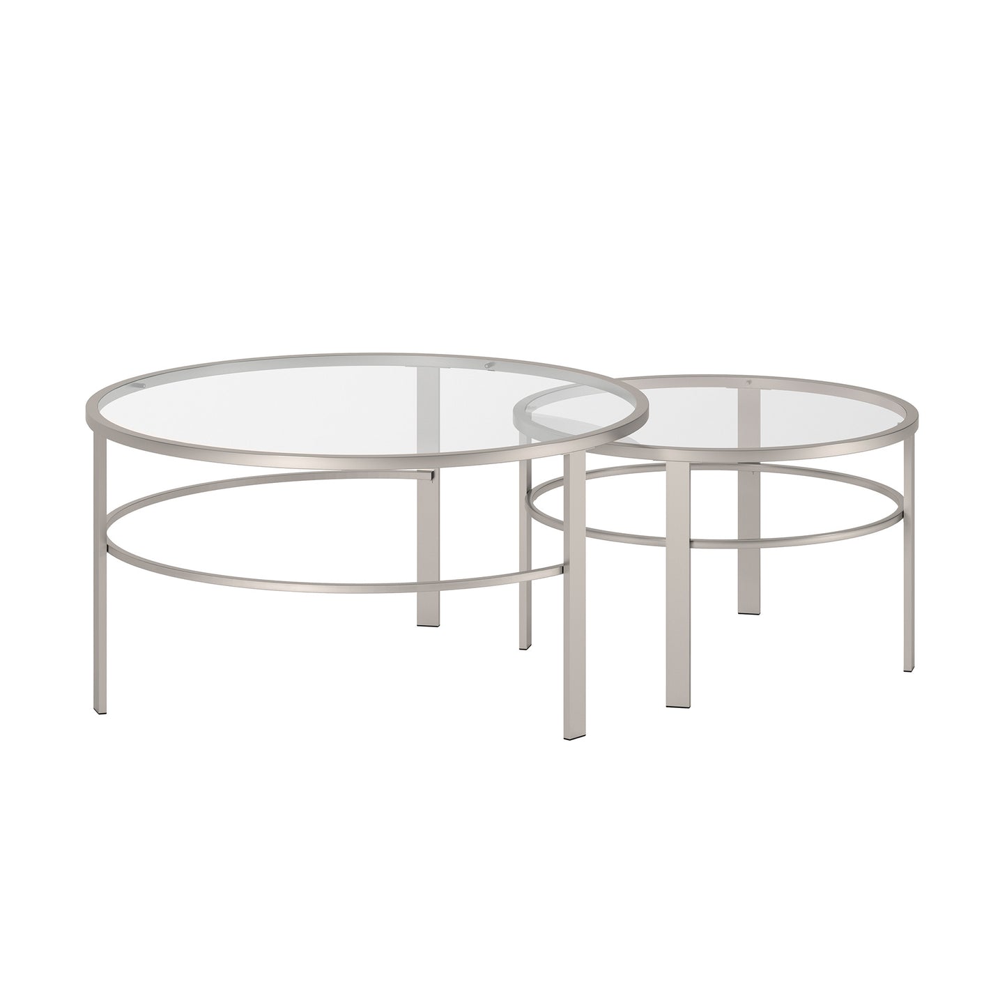 Set of Two 36" Silver Glass And Steel Round Nested Coffee Tables