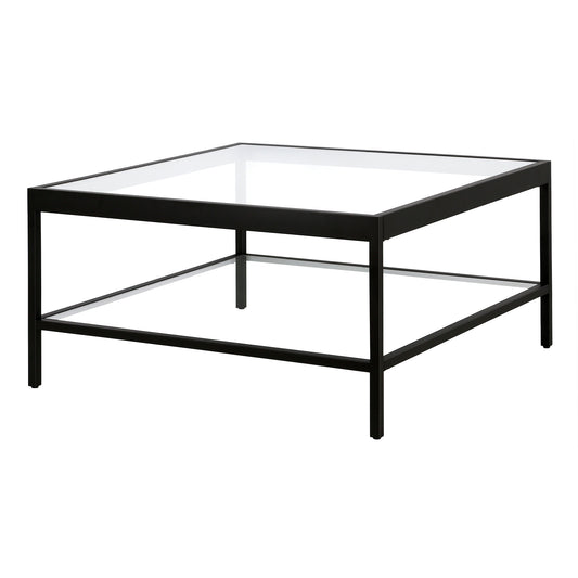 32" Black Glass And Steel Square Coffee Table With Shelf