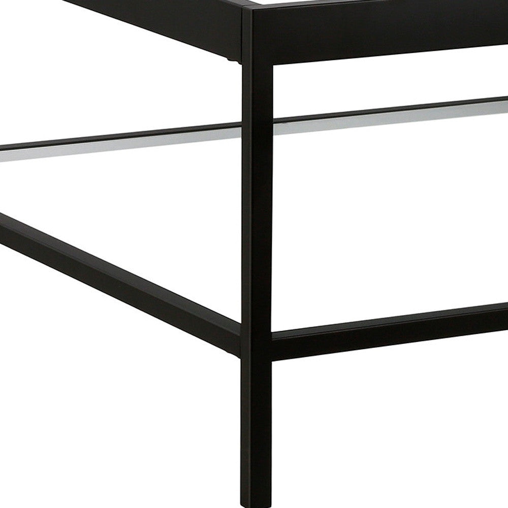 32" Black Glass And Steel Square Coffee Table With Shelf