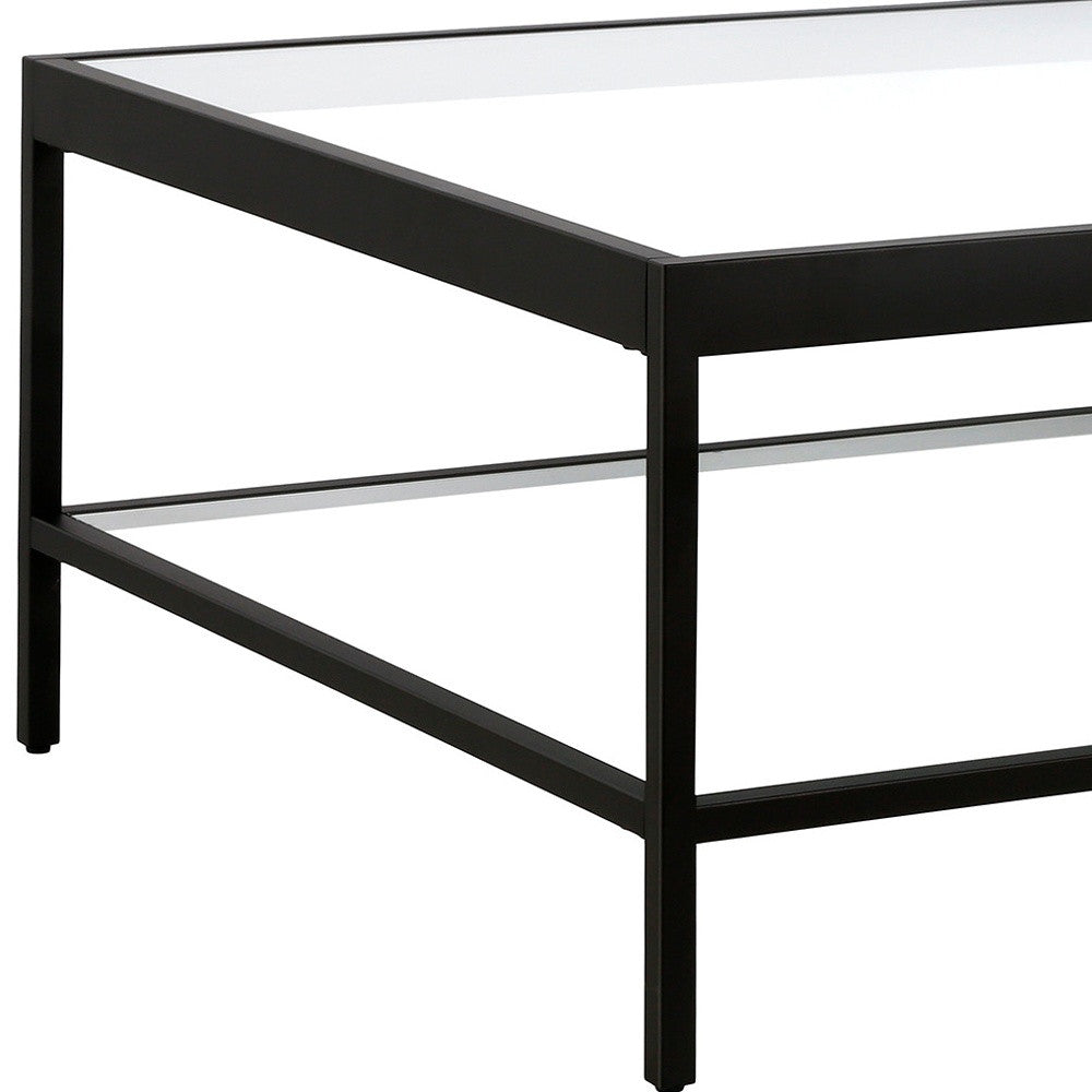 32" Black Glass And Steel Square Coffee Table With Shelf