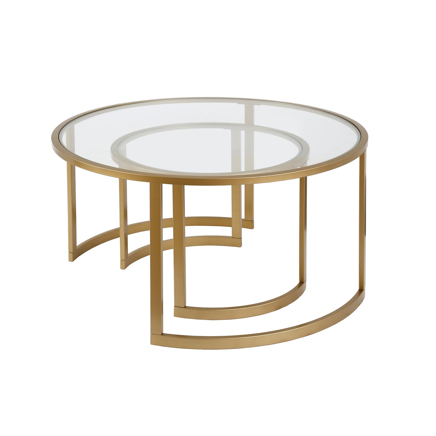 Set of Two 36" Gold Glass And Steel Round Nested Coffee Tables