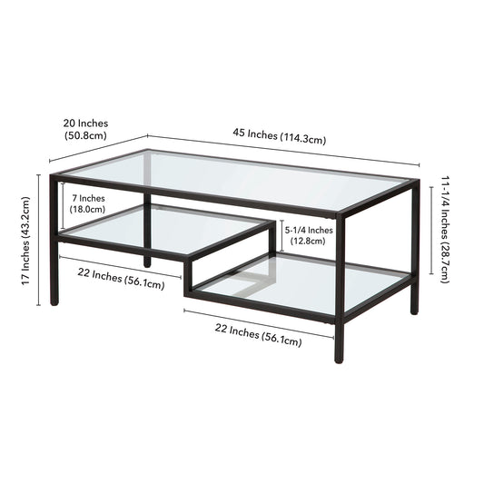 45" Black Glass And Steel Coffee Table With Two Shelves