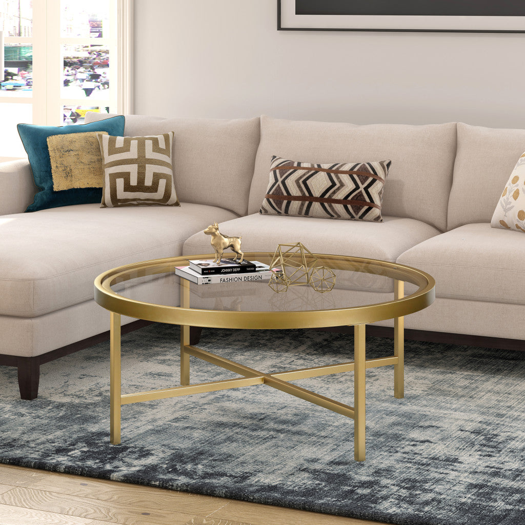 36" Gold Glass And Steel Round Coffee Table