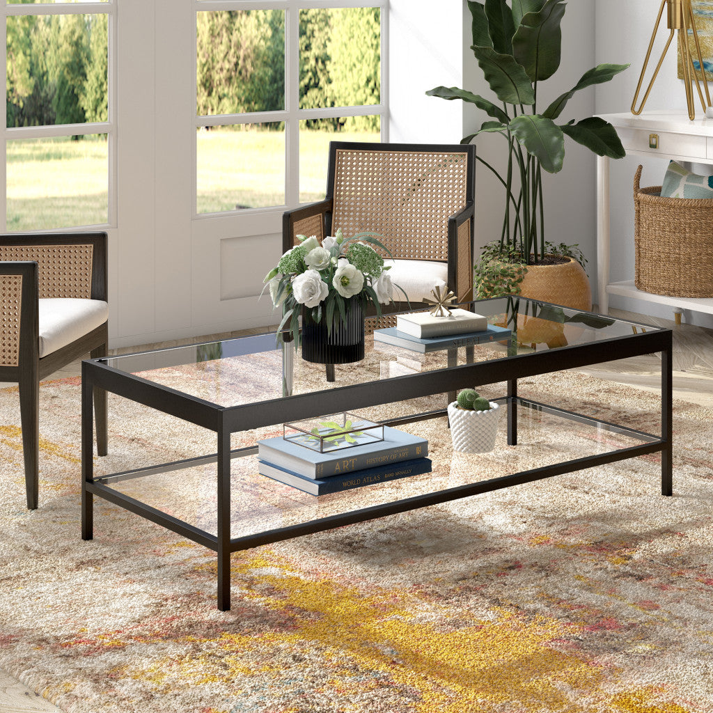 54" Black Glass And Steel Coffee Table With Shelf