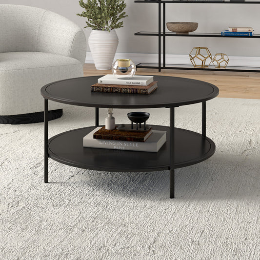 36" Black Glass And Steel Round Coffee Table With Shelf