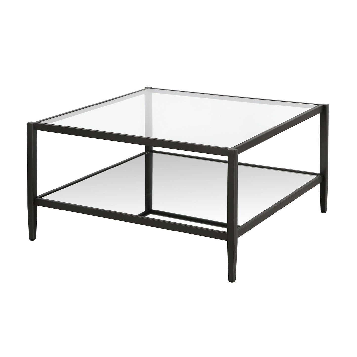 32" Black Glass And Steel Square Coffee Table With Shelf