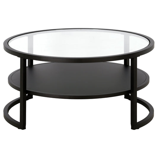 34" Black Glass And Steel Round Coffee Table With Shelf