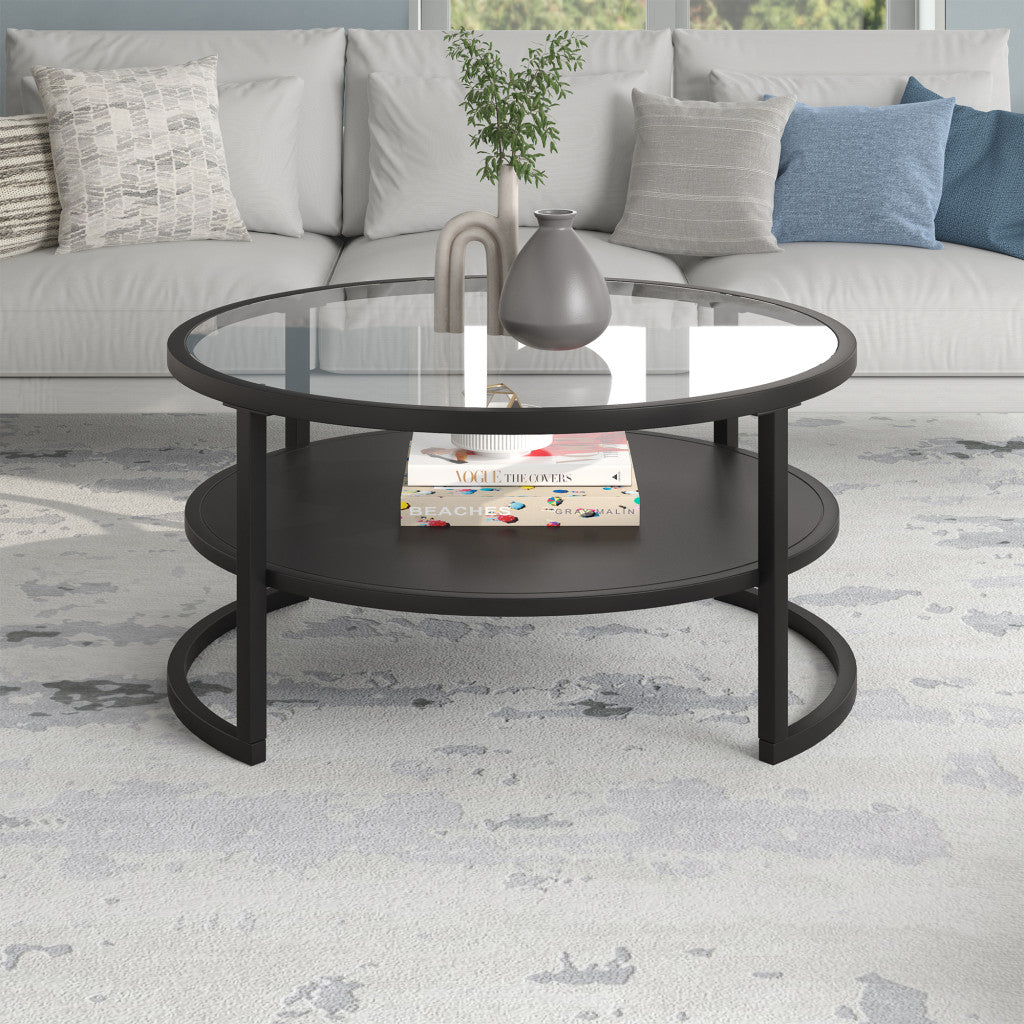 34" Black Glass And Steel Round Coffee Table With Shelf