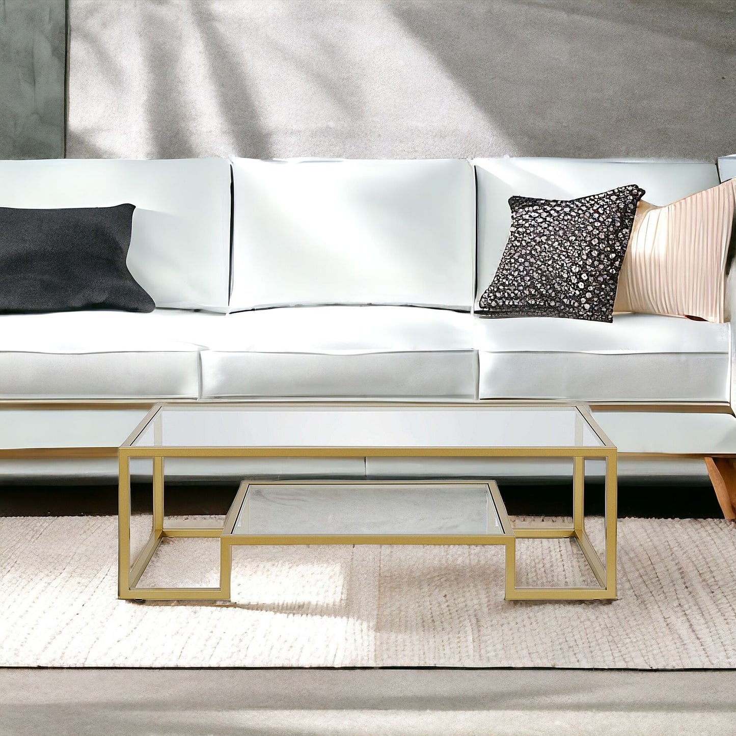 54" Gold Glass And Steel Coffee Table With Shelf