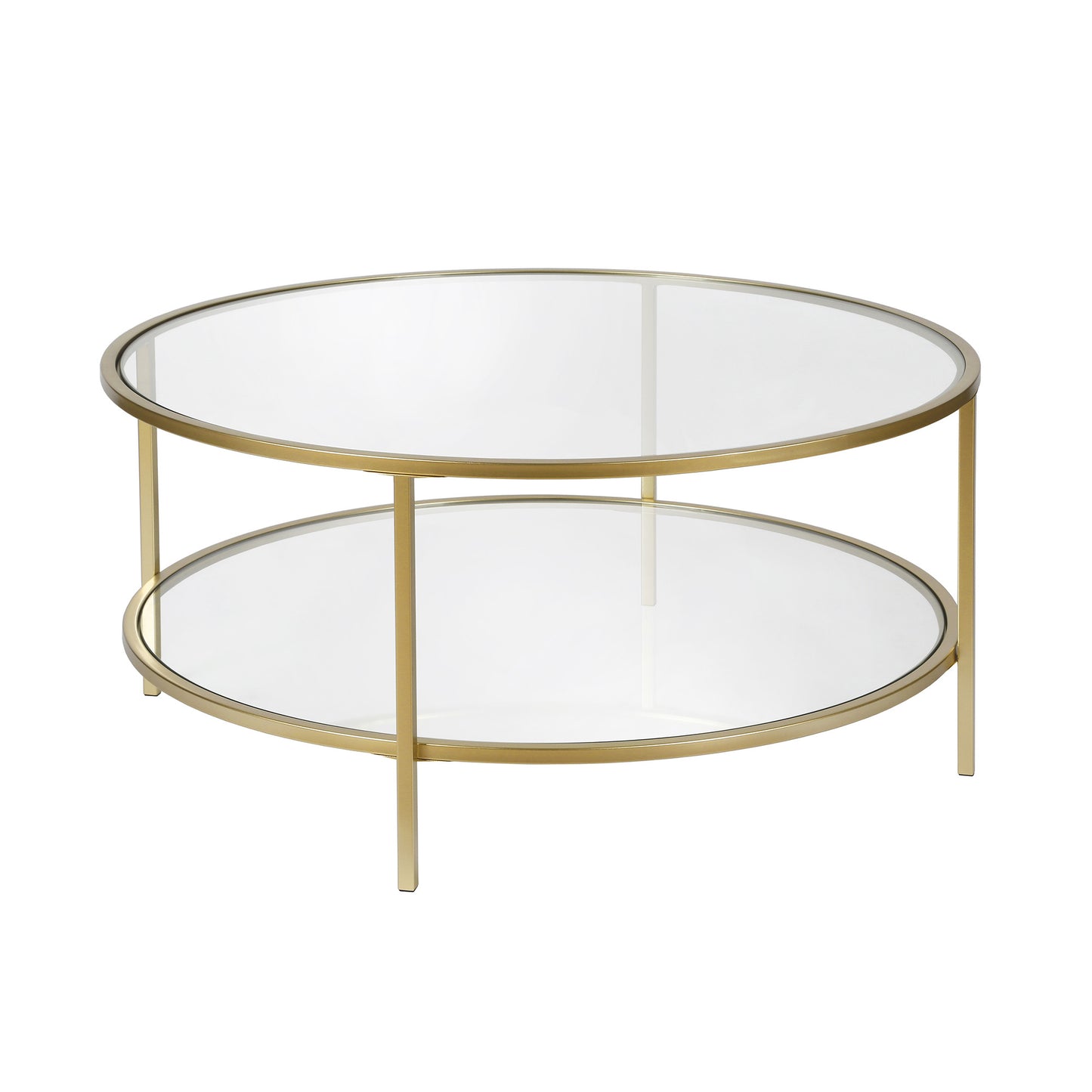 36" Gold Glass And Steel Round Coffee Table With Shelf