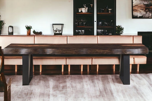 68" Dark Brown and Black Solid Wood Dining Bench