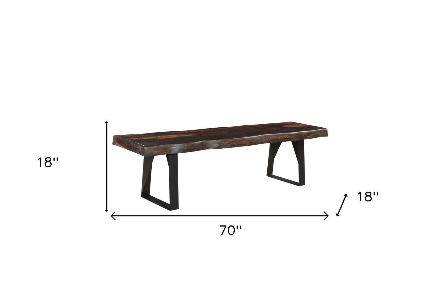 68" Dark Brown and Black Solid Wood Dining Bench