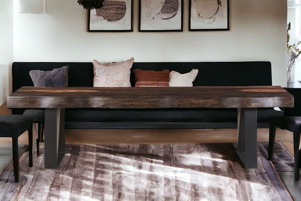 68" Dark Brown and Black Solid Wood Dining Bench