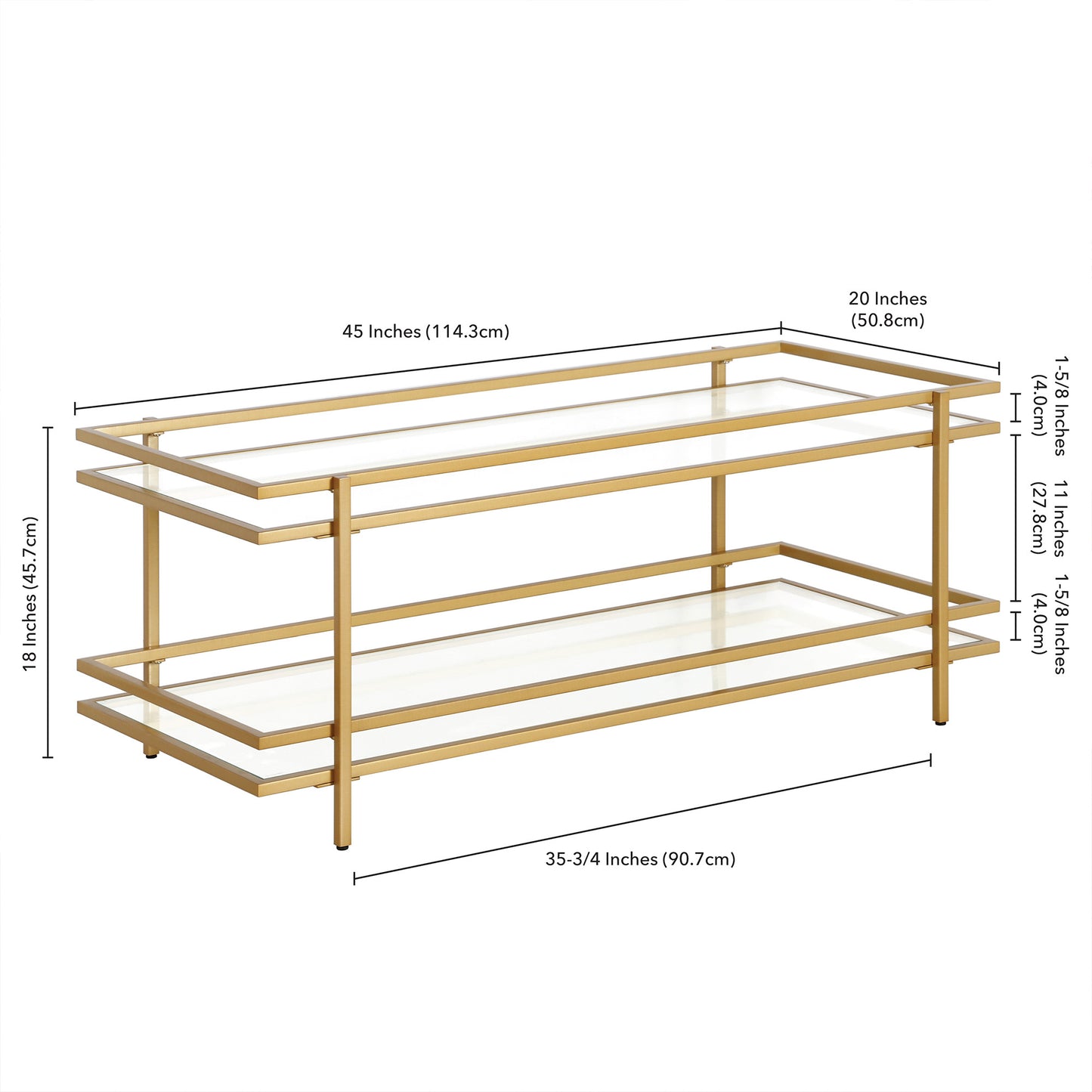 45" Gold Glass And Steel Coffee Table With Shelf