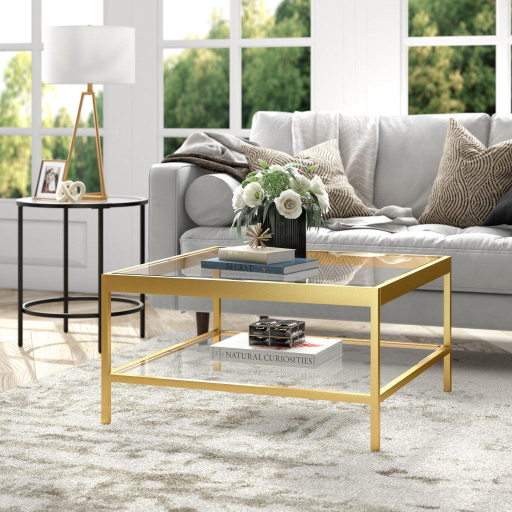 32" Gold Glass And Steel Square Coffee Table With Shelf