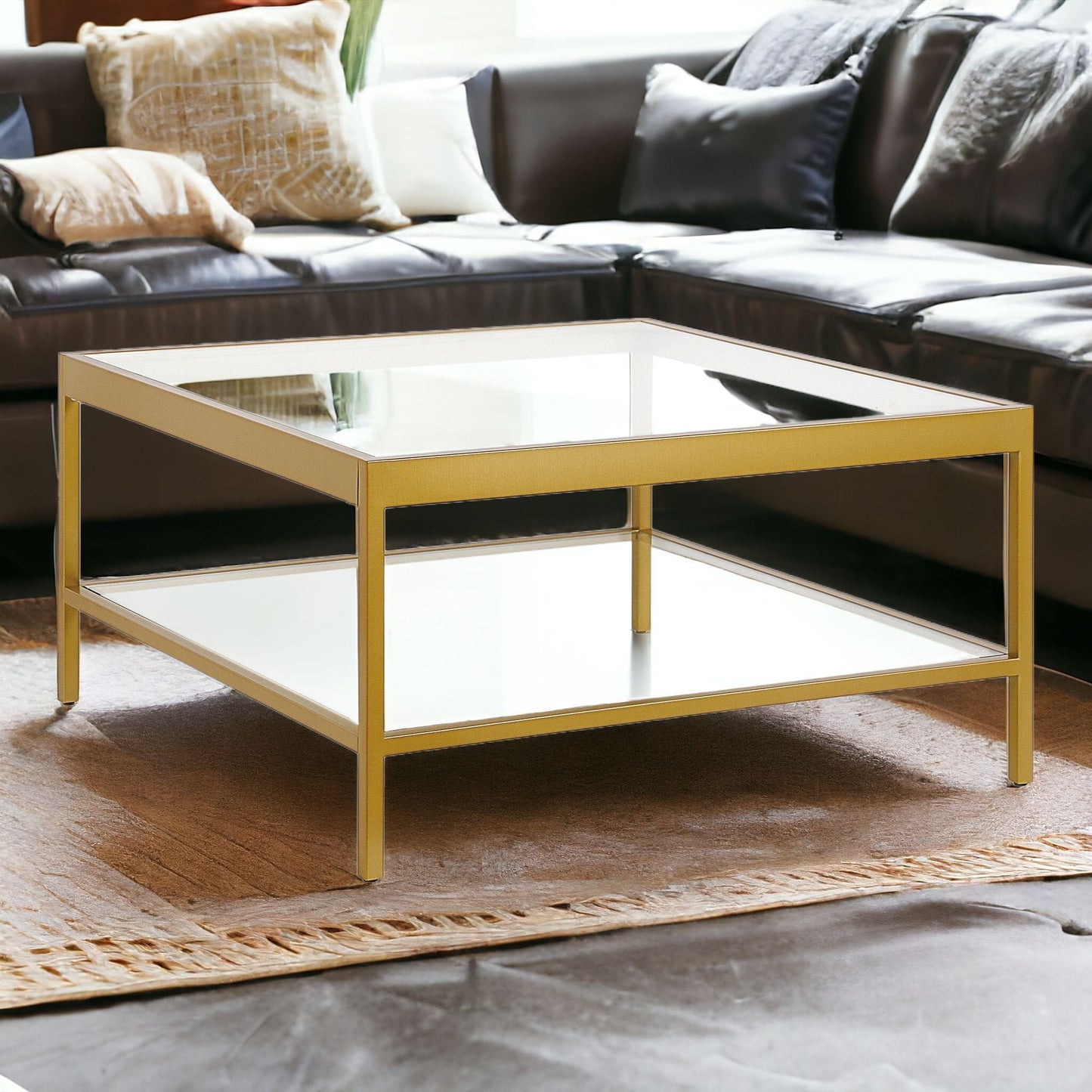 32" Gold Glass And Steel Square Coffee Table With Shelf