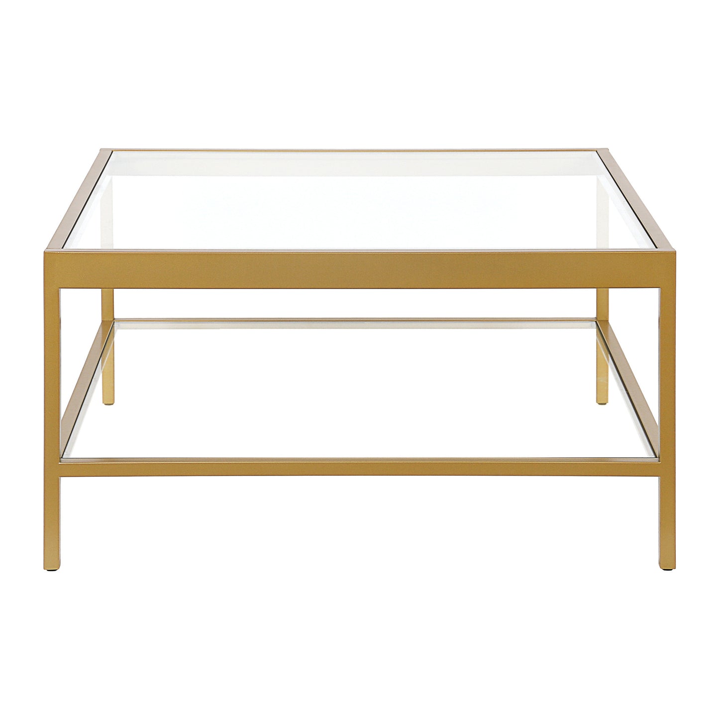 32" Gold Glass And Steel Square Coffee Table With Shelf