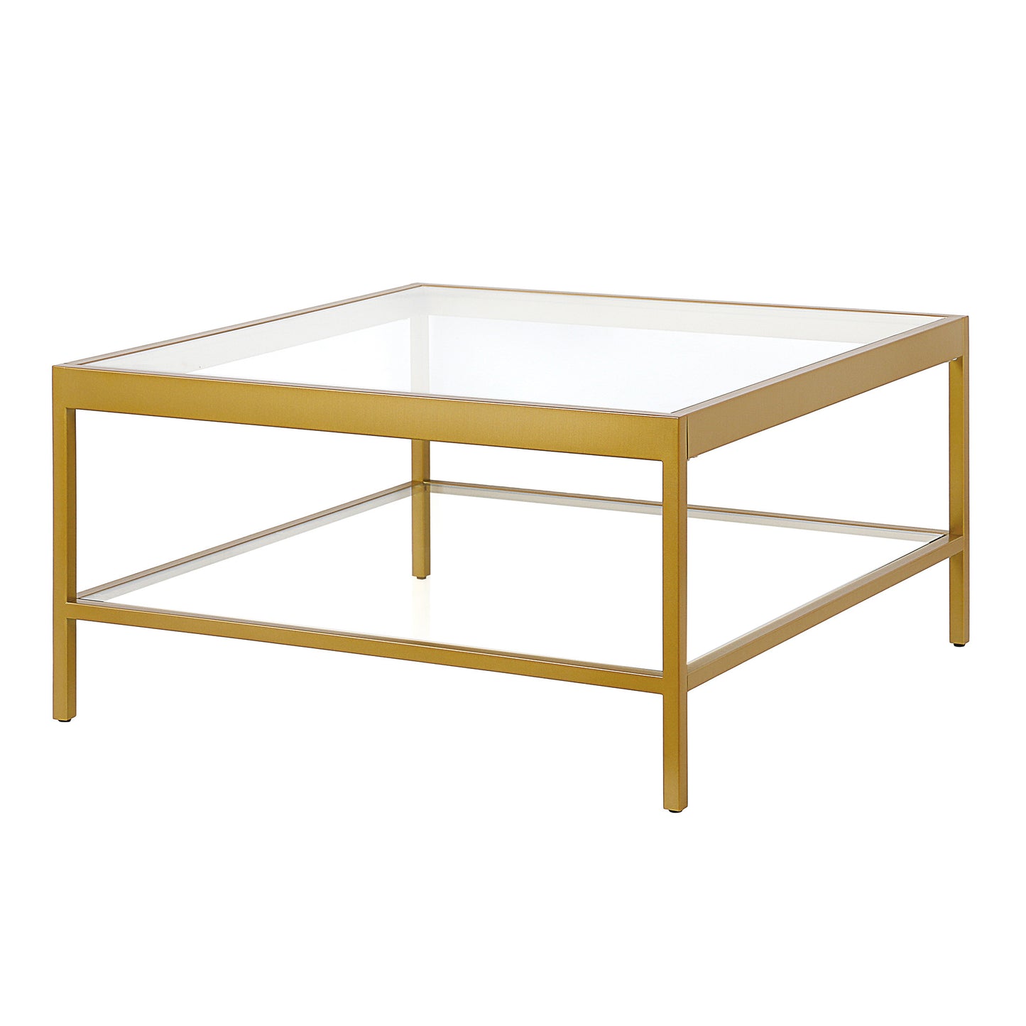 32" Gold Glass And Steel Square Coffee Table With Shelf