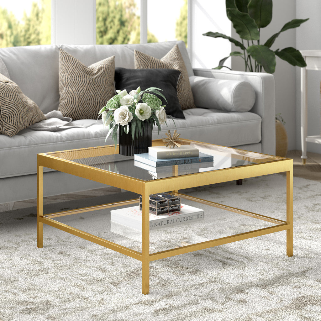 32" Gold Glass And Steel Square Coffee Table With Shelf