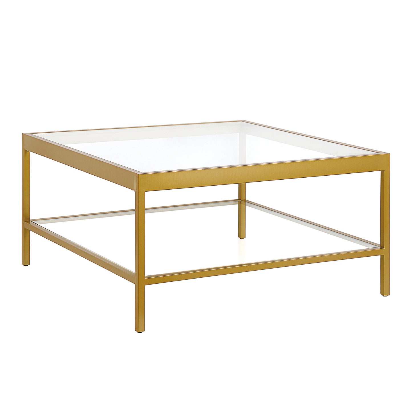 32" Gold Glass And Steel Square Coffee Table With Shelf