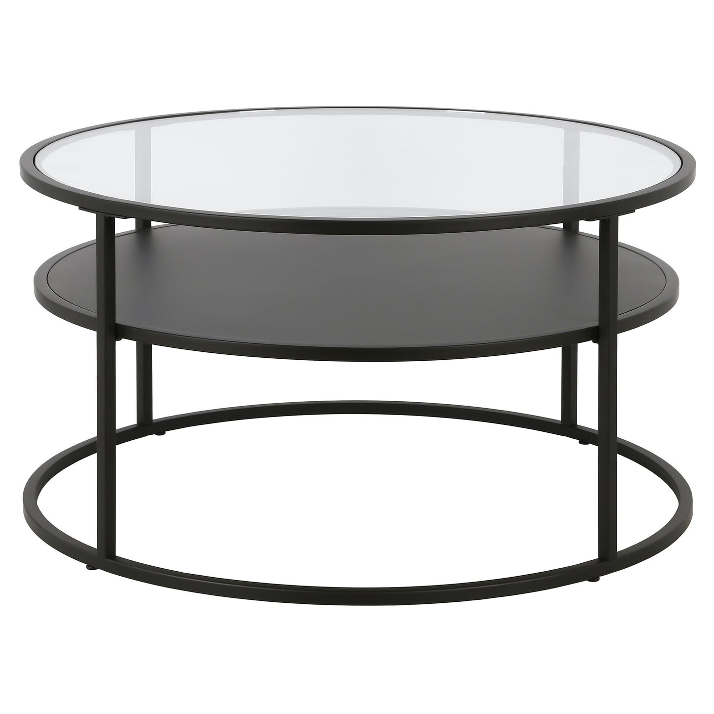 32" Black Glass And Steel Round Coffee Table With Shelf