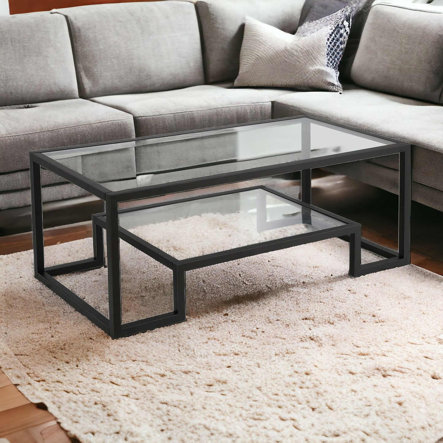 45" Black Glass And Steel Coffee Table With Shelf