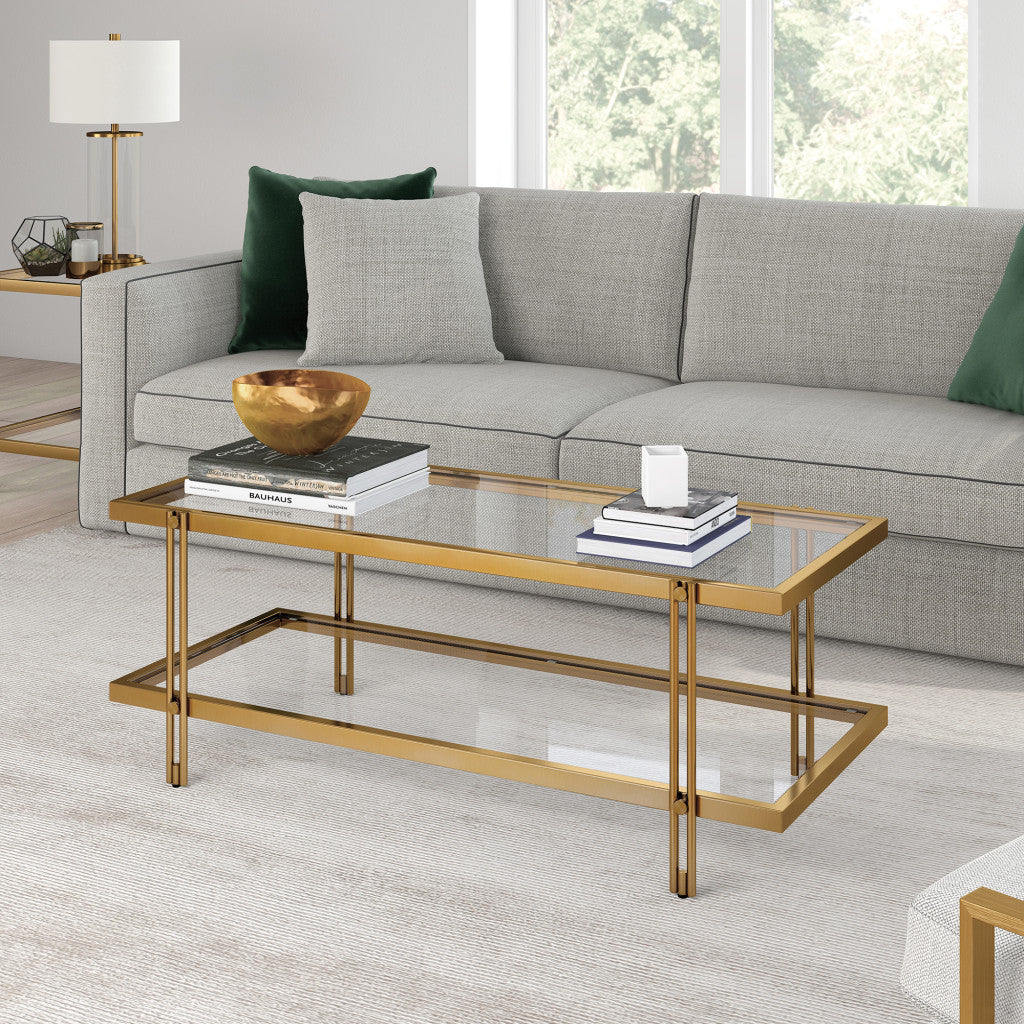 45" Gold Glass And Steel Coffee Table With Shelf