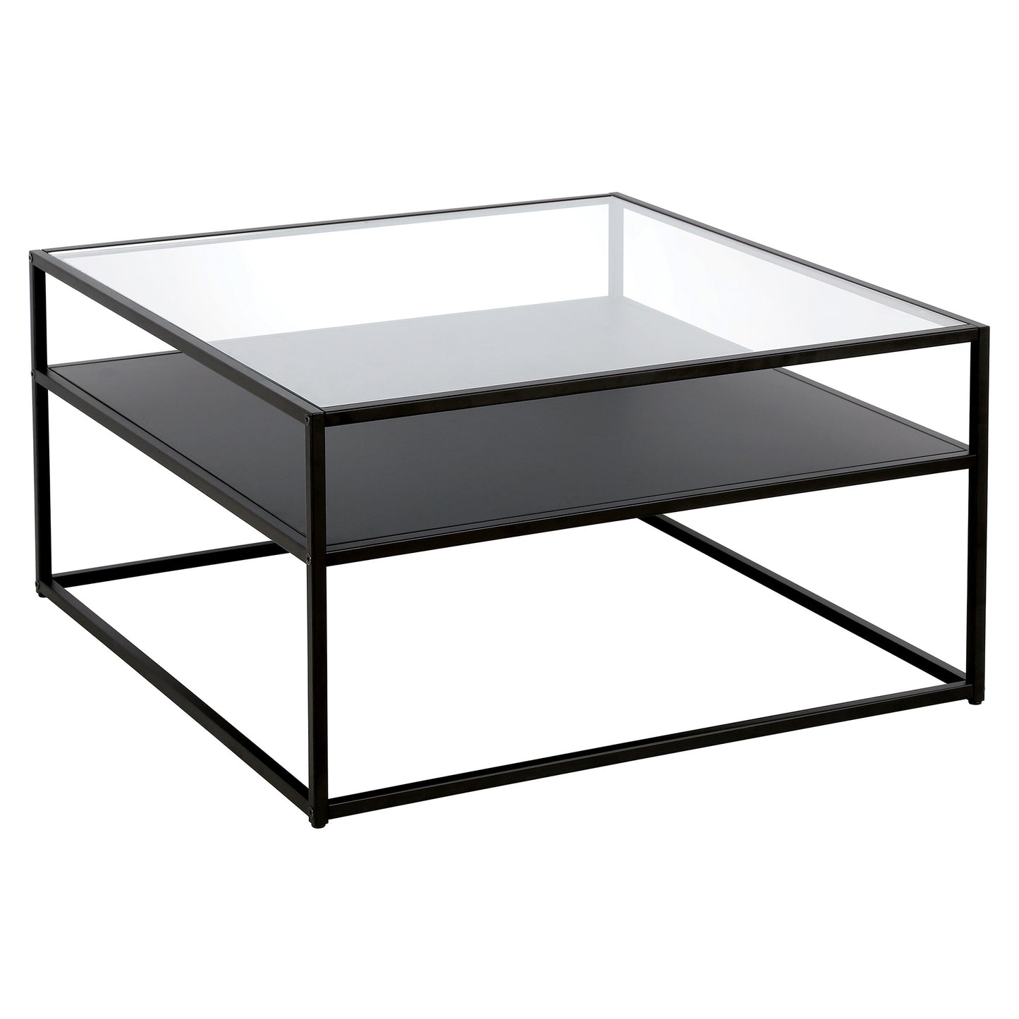 32" Black Glass And Steel Square Coffee Table With Shelf