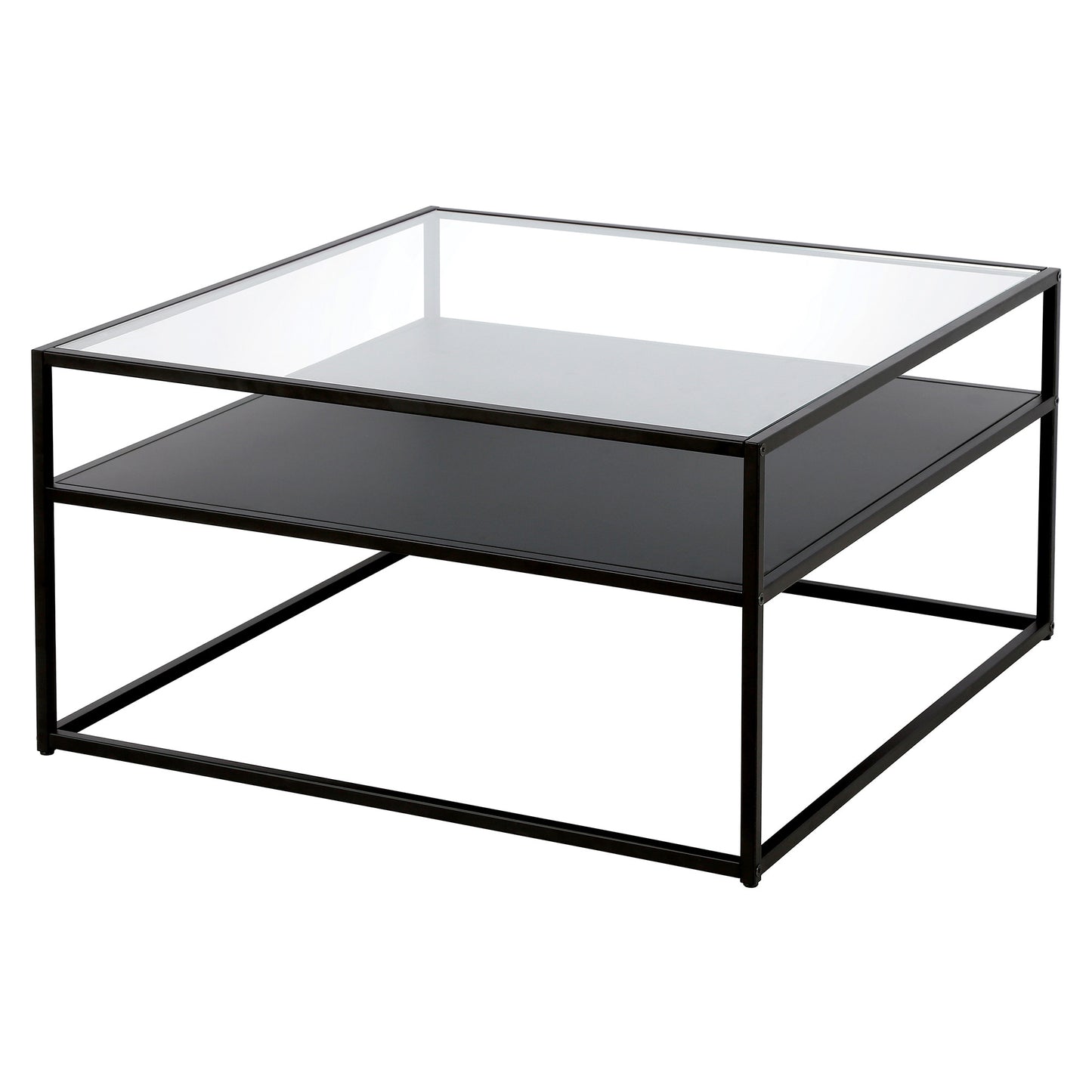 32" Black Glass And Steel Square Coffee Table With Shelf