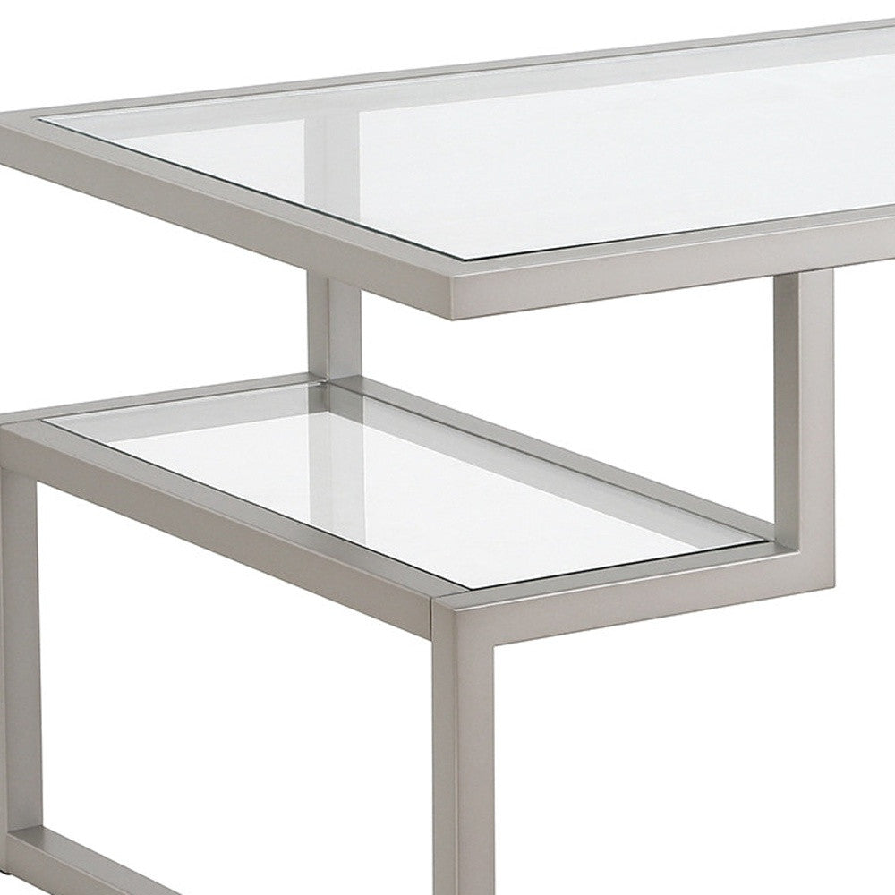 45" Silver Glass And Steel Coffee Table With Two Shelves