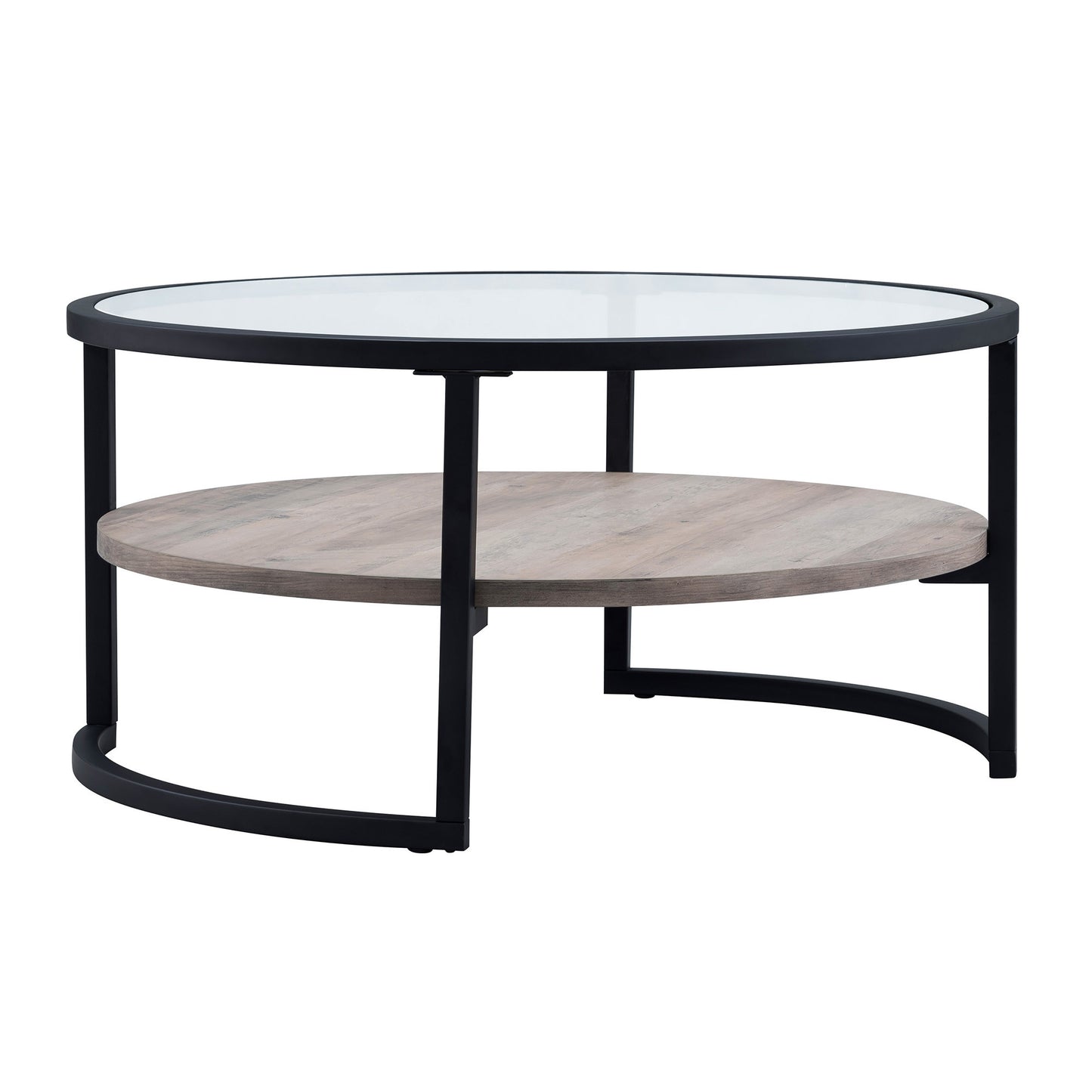 34" Black Glass And Steel Round Coffee Table With Shelf