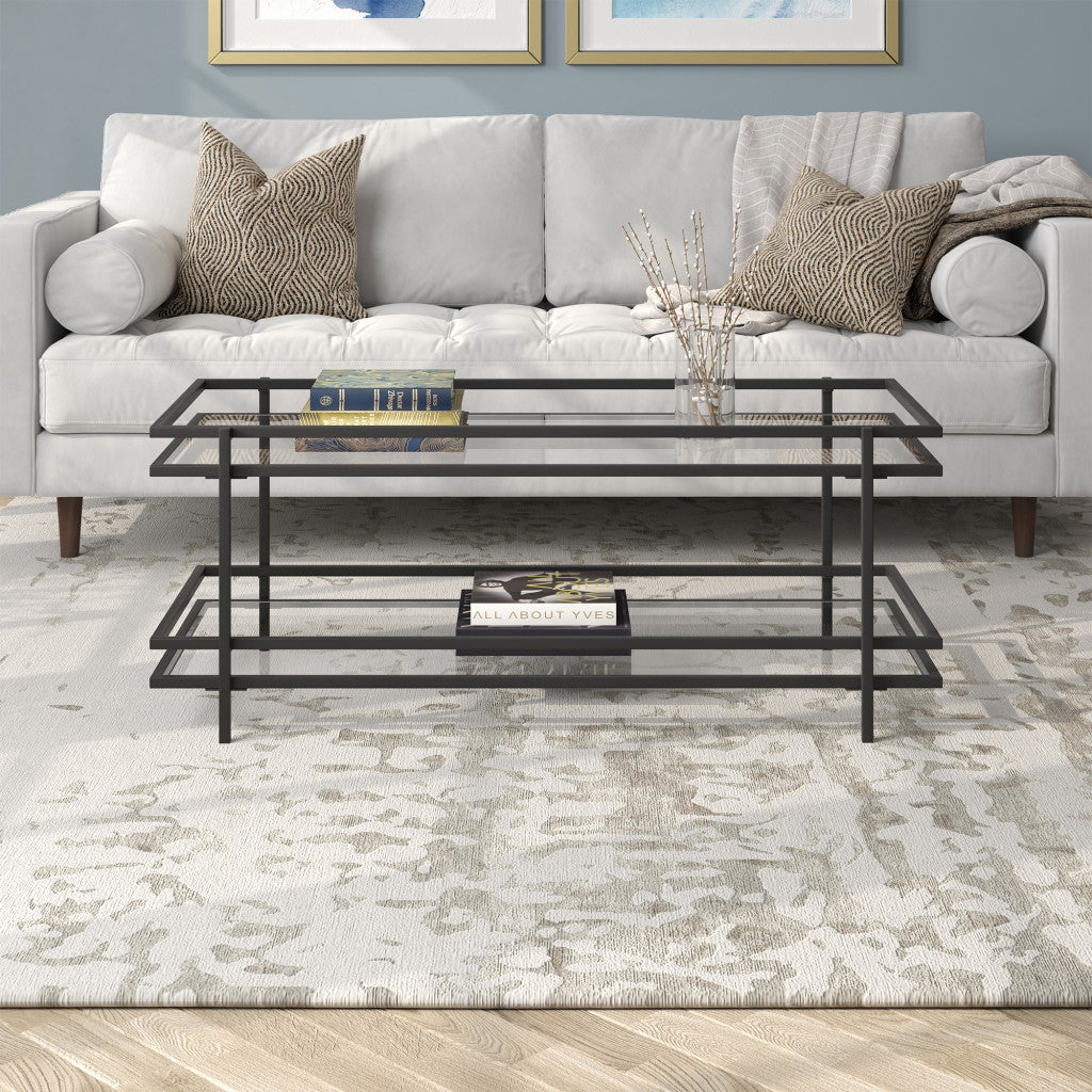 45" Black Glass And Steel Coffee Table With Shelf