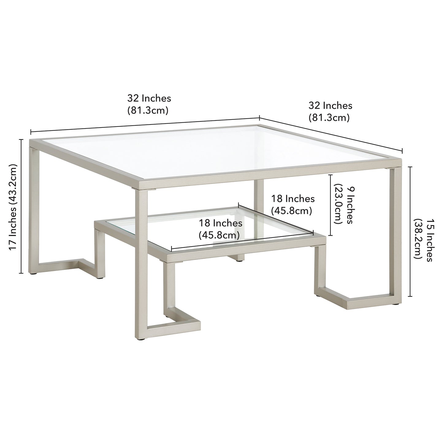 32" Silver Glass And Steel Square Coffee Table With Shelf