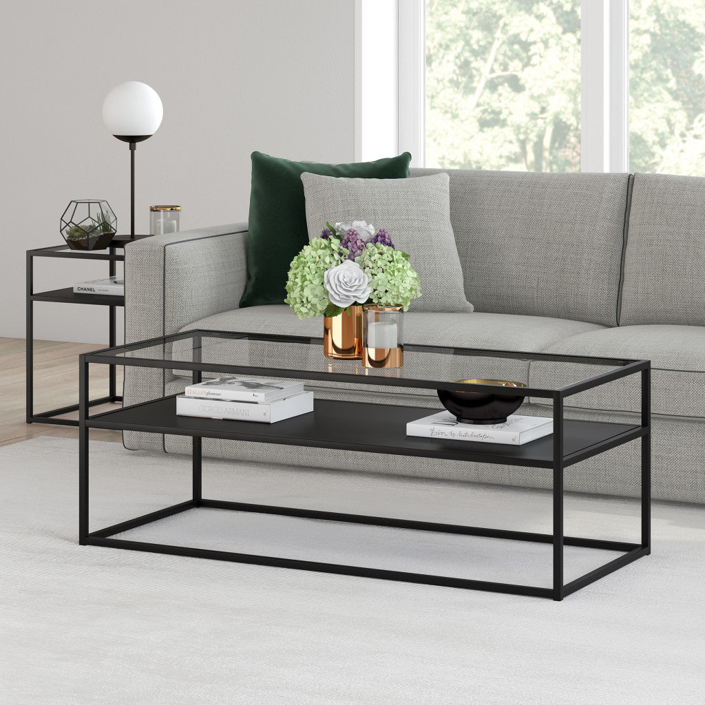 46" Black Glass And Steel Coffee Table With Shelf