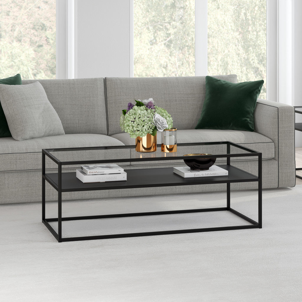 46" Black Glass And Steel Coffee Table With Shelf