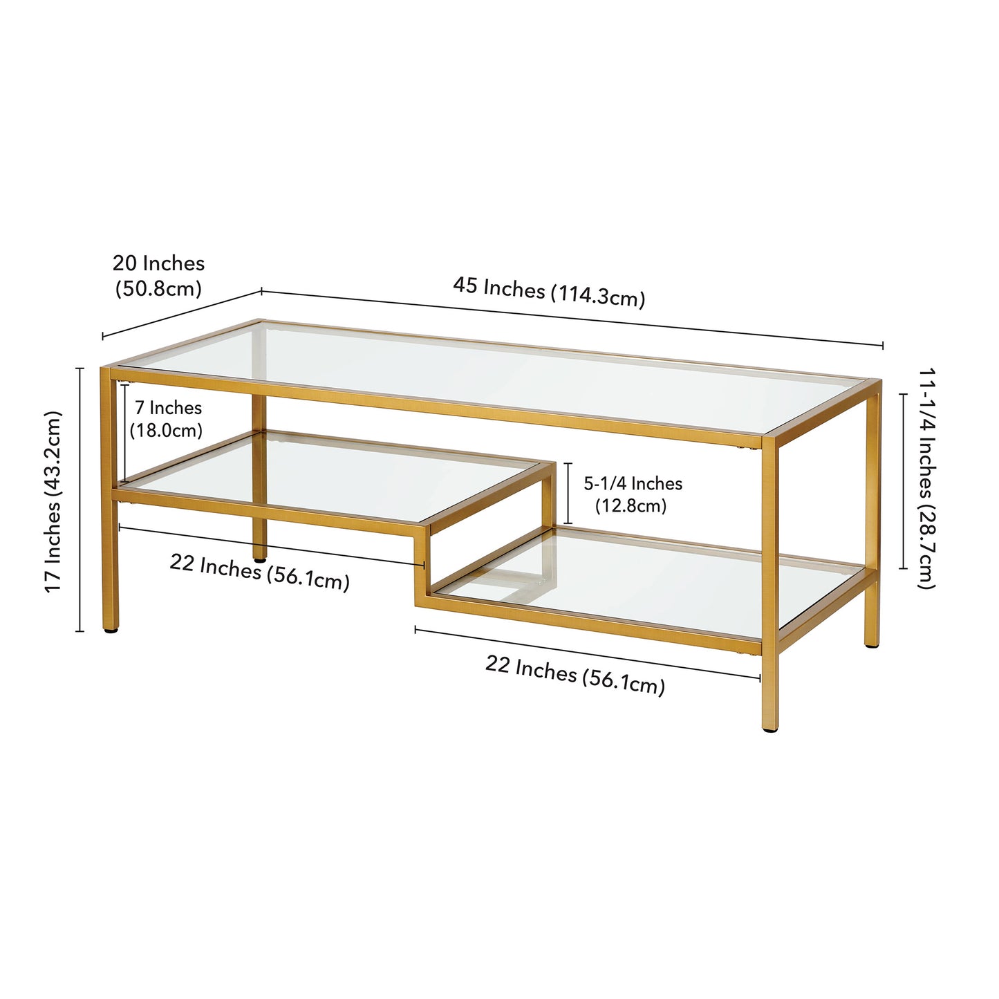 45" Gold Glass And Steel Coffee Table With Two Shelves