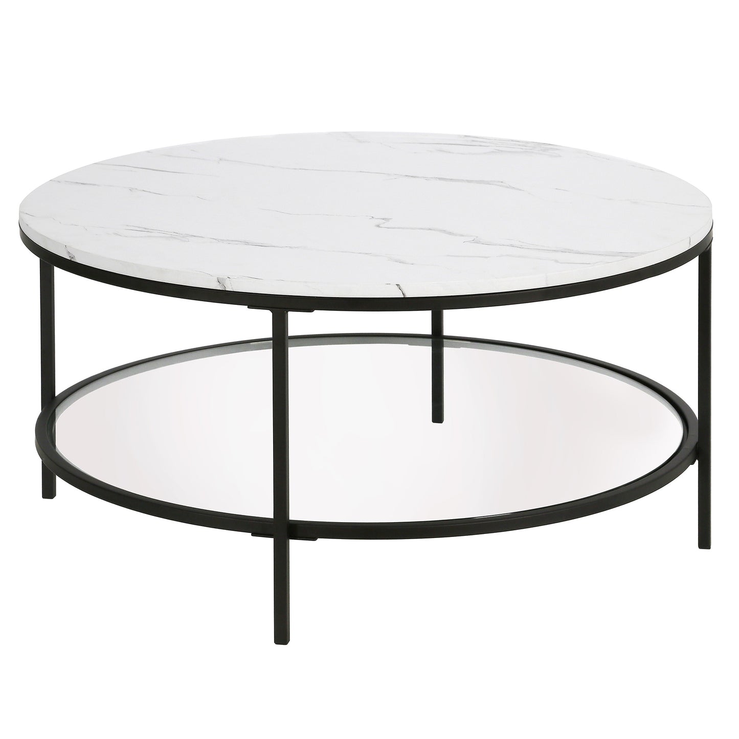 36" Black Faux Marble And Steel Round Coffee Table With Shelf