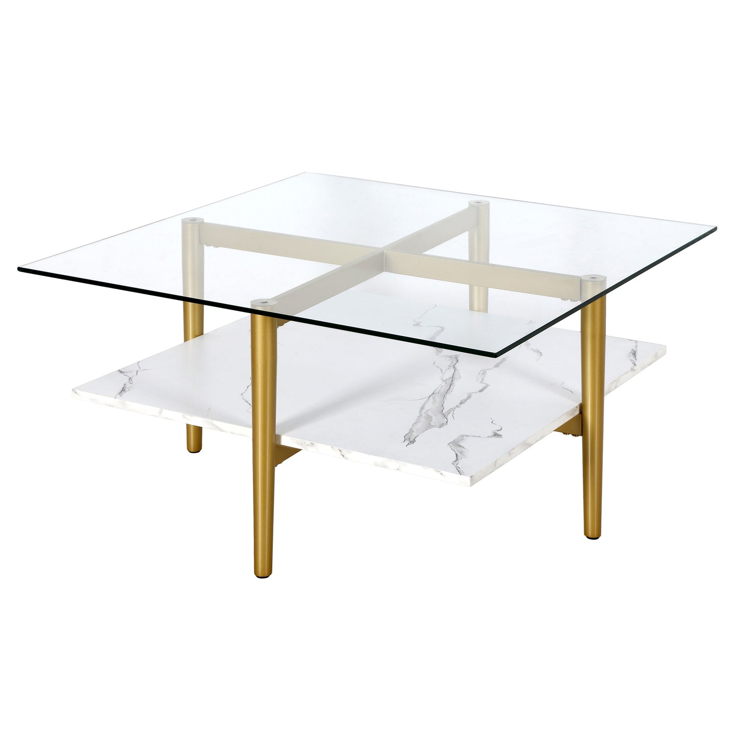 32" White And Gold Glass And Steel Square Coffee Table With Shelf