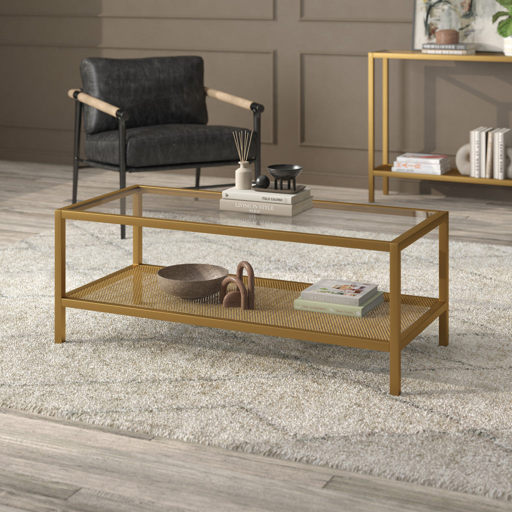 45" Gold Glass And Steel Coffee Table With Shelf