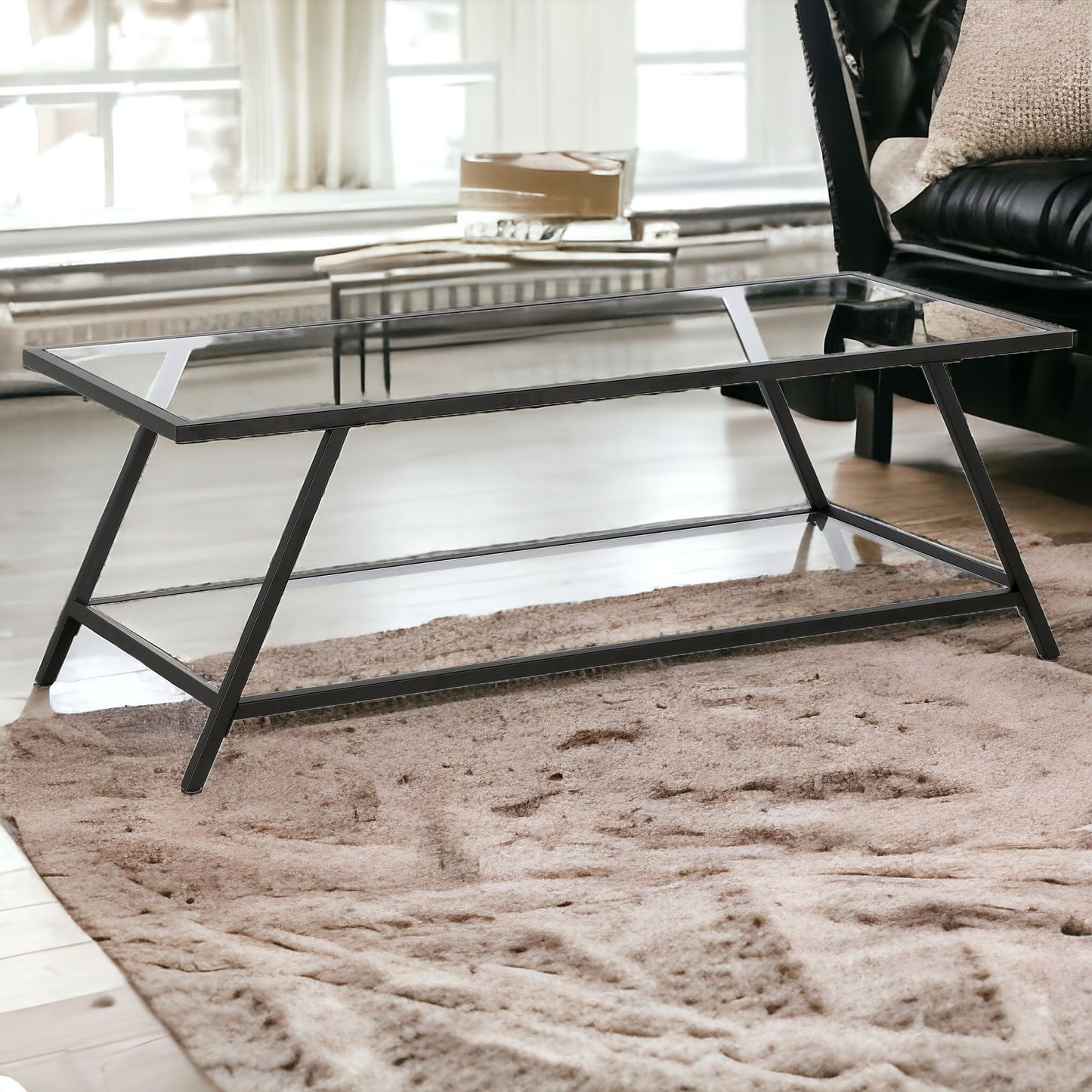 48" Black Glass And Steel Coffee Table With Shelf