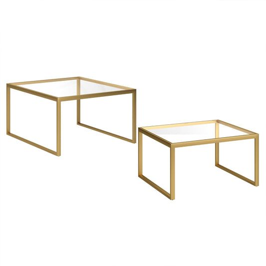 Set of Two 30" Gold Glass And Steel Square Nested Coffee Tables