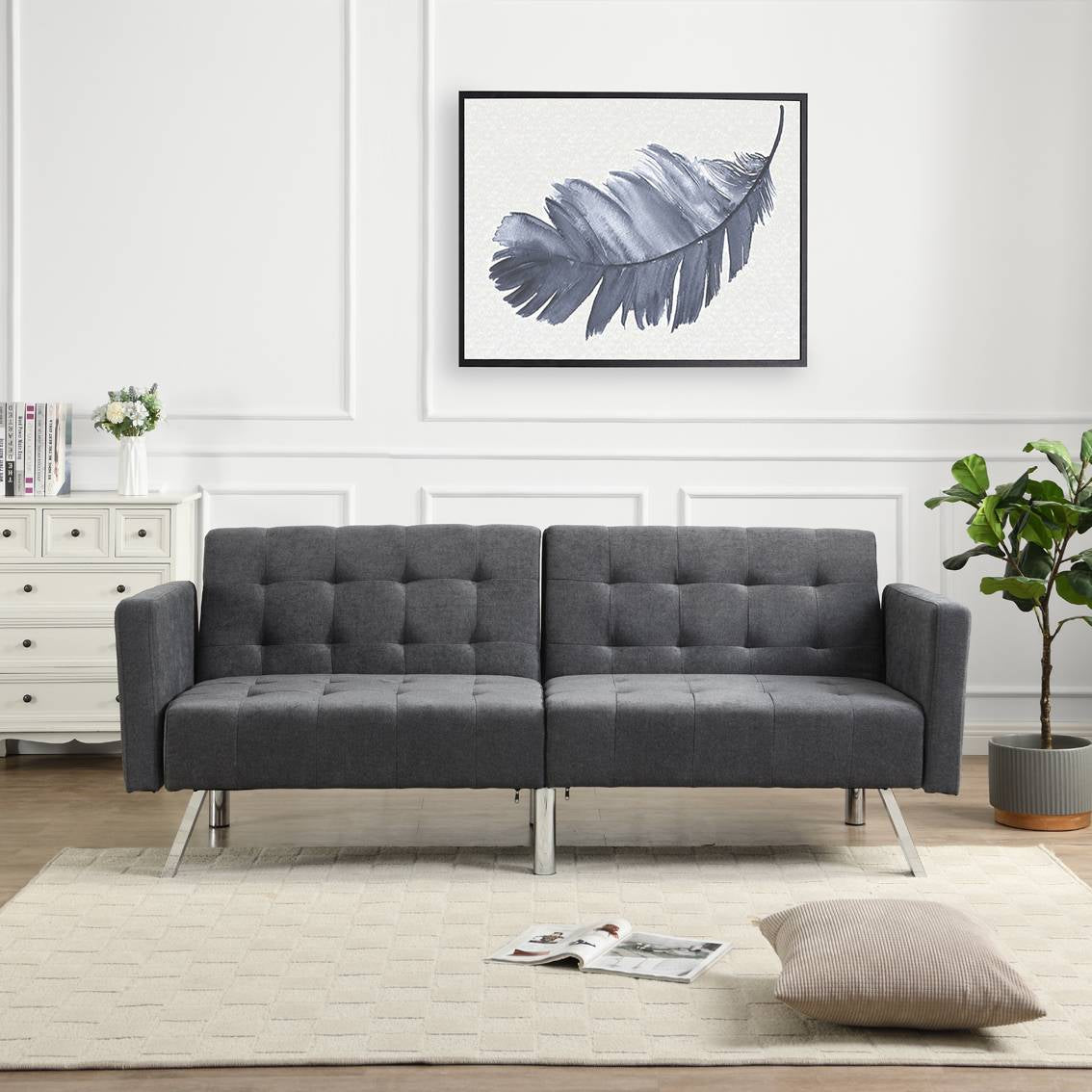 75" Dark Gray Linen And Silver Sleeper Futon Convertible