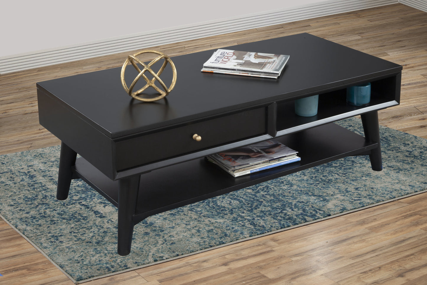 48" Black Solid And Manufactured Wood Coffee Table With Drawer