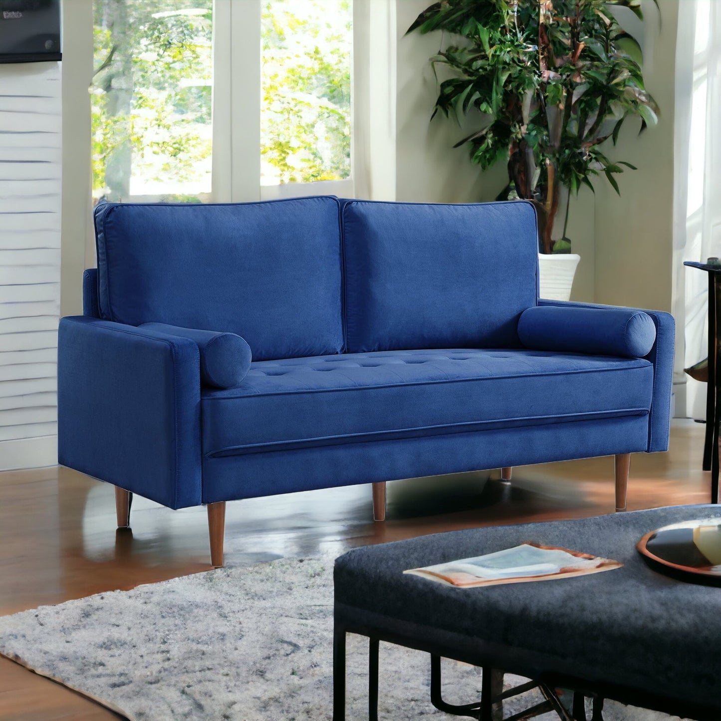 69" Blue Velvet and Dark Brown Sofa and Toss Pillows