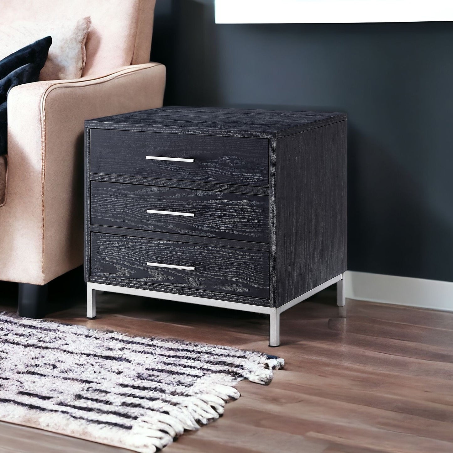 24" Silver Metallic and Black Veneer End Table with Three Drawers